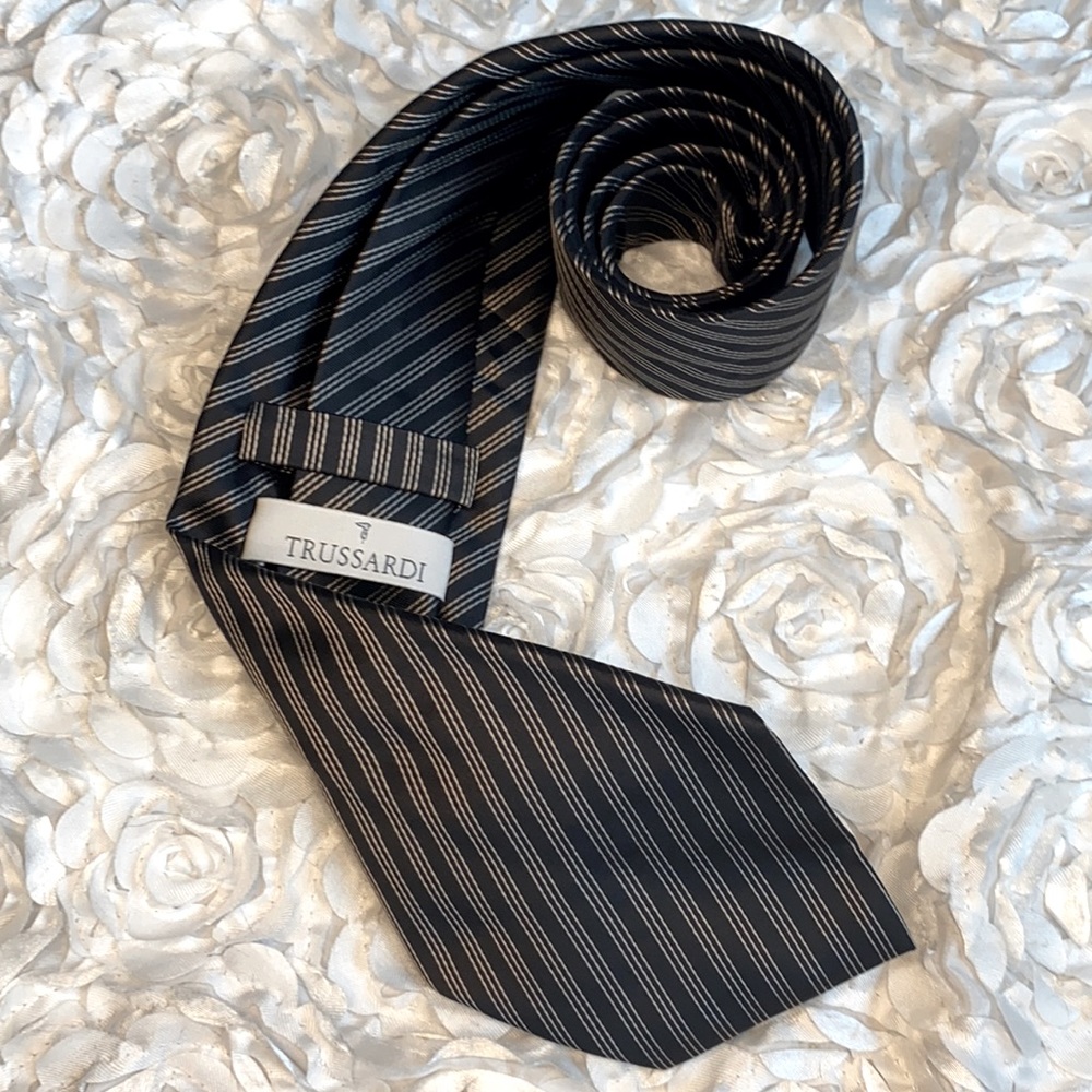 New Trussardi black and white stripe silk tie